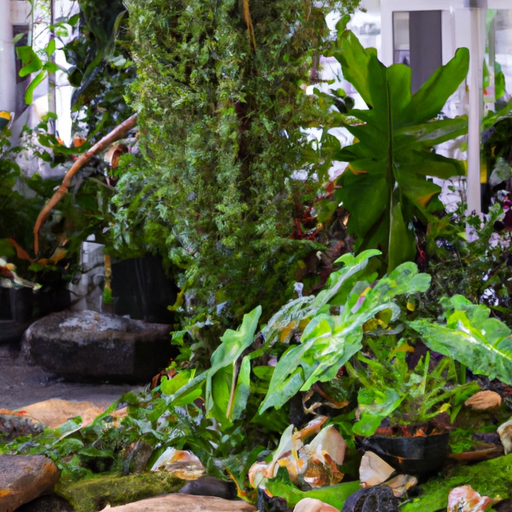 An indoor garden with lush green plants and natural materials, bringing the outdoors inside